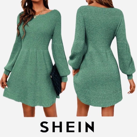 SHEIN Classic Solid Ribbed Knit Lantern Sleeve Sweater Dress In Green Sz Small - Picture 1 of 6